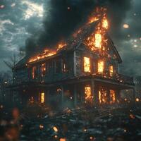 A two-story building consumed by intense flames, the wooden frame collapsing under pressure photo