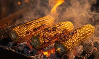 Close-up of grilled corn on the cob, kernels browning and caramelizing over glowing embers photo