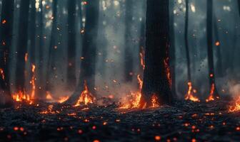 Close-up of burning trees in a forest, flames climbing up the trunks photo