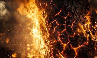 Close-up of flames consuming a tree branch, embers glowing in the air photo