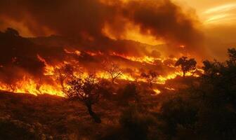 A wildfire blazing through a forested area, thick smoke billowing into the sky photo