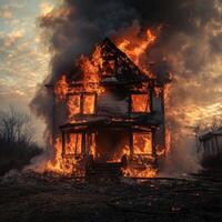 A two-story building consumed by intense flames, the wooden frame collapsing under pressure photo