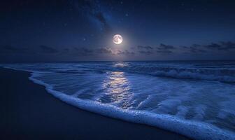 Bright moon casting a long reflection on the ocean photo
