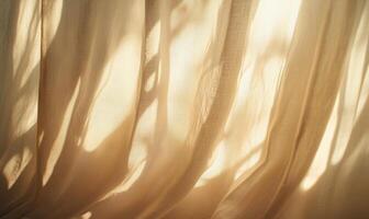 Delicate curtains, billowing softly, warm light filtering in shadows gently stretching across the fabric photo