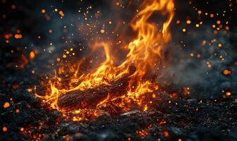 Close-up of flames consuming a tree branch, embers glowing in the air photo