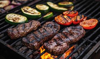 Hot, bright charcoal embers under a metal grill, vegetables and meat caramelizing above photo