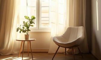 Minimalist reading nook, small window with soft curtains photo