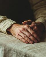 A man's hands are resting on a table, and the image conveys a sense of comfort photo