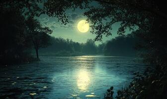 Moonlight shimmering on a calm pond photo