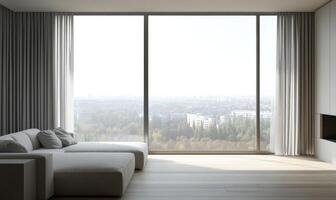 Modern minimalist living room, large open window photo