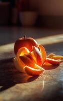 A lit candle sits on a table with an apple and some apple peels photo