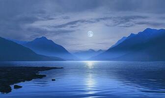 Moonlight shimmering on a calm lake, soft waves lapping against the shore photo