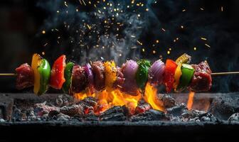 Meat and vegetable skewers roasting over coals photo