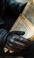 Hands in leather gloves holding a newspaper photo