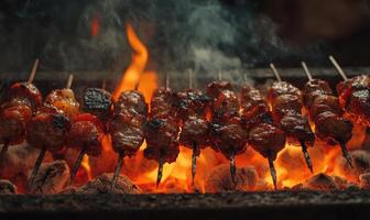 brochetas de mezclado carne y vegetales en un parrilla foto