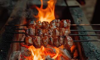 Skewers of mixed meat and vegetables on a grill photo