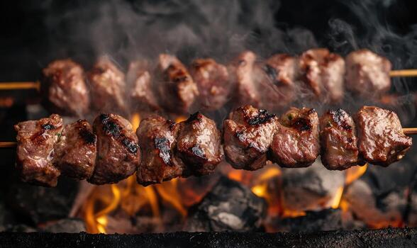 Meat rotating over glowing embers photo