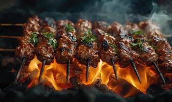 Skewers of lamb shashlik slowly turning over smoldering coals photo