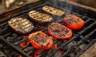 Thick slices of eggplant and peppers grilling over the hot coals photo