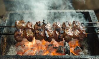 Meat rotating over glowing embers photo