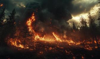 Raging fire spreading through a dense forest, flames climbing high into the treetops photo