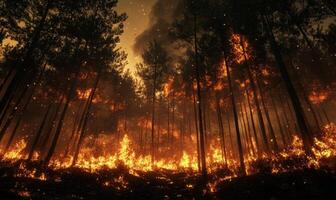 Raging fire spreading through a dense forest, flames climbing high into the treetops photo