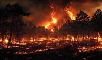 Raging fire spreading through a dense forest, flames climbing high into the treetops photo