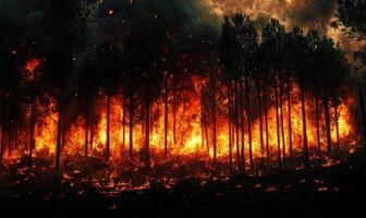 Raging fire spreading through a dense forest, flames climbing high into the treetops photo