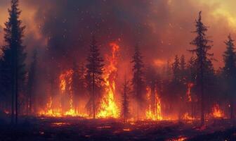 Raging fire spreading through a dense forest, flames climbing high into the treetops photo