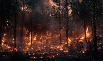 Raging fire spreading through a dense forest, flames climbing high into the treetops photo