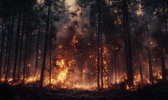 Raging fire spreading through a dense forest, flames climbing high into the treetops photo