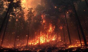 Raging fire spreading through a dense forest, flames climbing high into the treetops photo