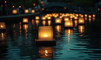 Multiple floating lanterns glowing brightly on a dark river photo