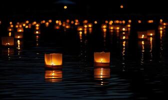 Multiple floating lanterns glowing brightly on a dark river photo