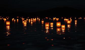 Multiple floating lanterns glowing brightly on a dark river photo