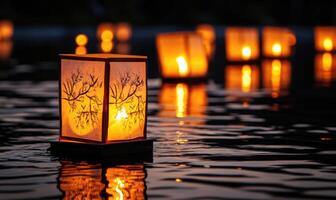 Multiple floating lanterns glowing brightly on a dark river photo