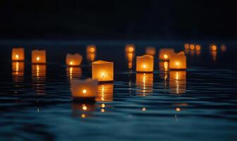 Multiple floating lanterns glowing brightly on a dark river photo