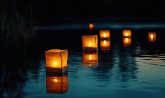 Multiple floating lanterns glowing brightly on a dark river photo