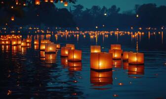 Multiple floating lanterns glowing brightly on a dark river photo