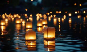 Multiple floating lanterns glowing brightly on a dark river photo