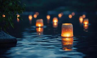 Multiple floating lanterns glowing brightly on a dark river photo