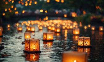 Multiple floating lanterns glowing brightly on a dark river photo