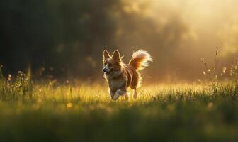 Scottish Sheepdog running across a field, grass swaying photo