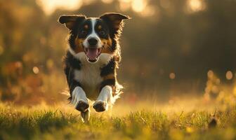Scottish Sheepdog running across a field, grass swaying photo