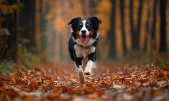 Scottish Sheepdog running through a forest path, leaves crunching underfoot photo