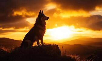 Scottish Sheepdog standing on a hilltop at sunrise photo