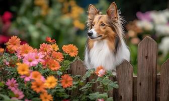 Sheltie standing by a garden fence, flowers in bloom photo