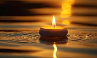 Single floating candle on rippling water, soft golden glow illuminating the scene photo