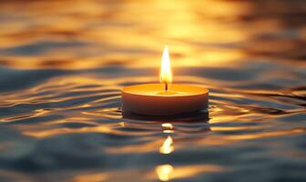 Single floating candle on rippling water, soft golden glow illuminating the scene photo