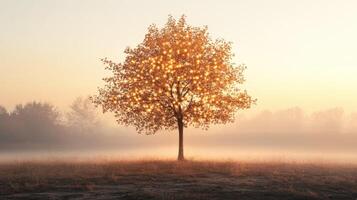 Sparse autumn tree adorned with glowing fairy lights photo